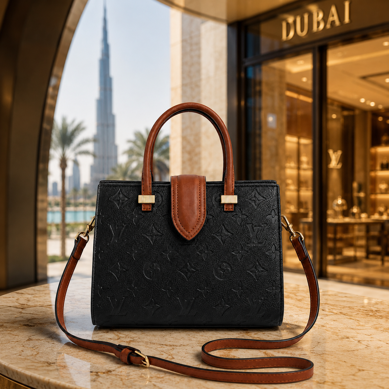Premium embossed tote bag arranged with sunglasses, perfume, jewelry, and luxury accessories in flatlay composition