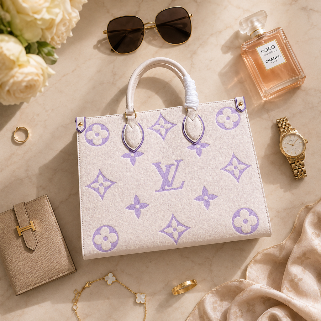 Designer handbag with purple logo patterns surrounded by sunglasses, perfume, watch, wallet, and jewelry on a beige surface.