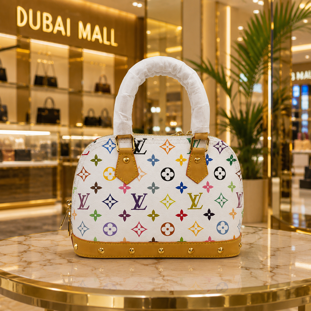 Luxury women's multicolor handbag displayed in an elegant Dubai-inspired luxury boutique with premium styling