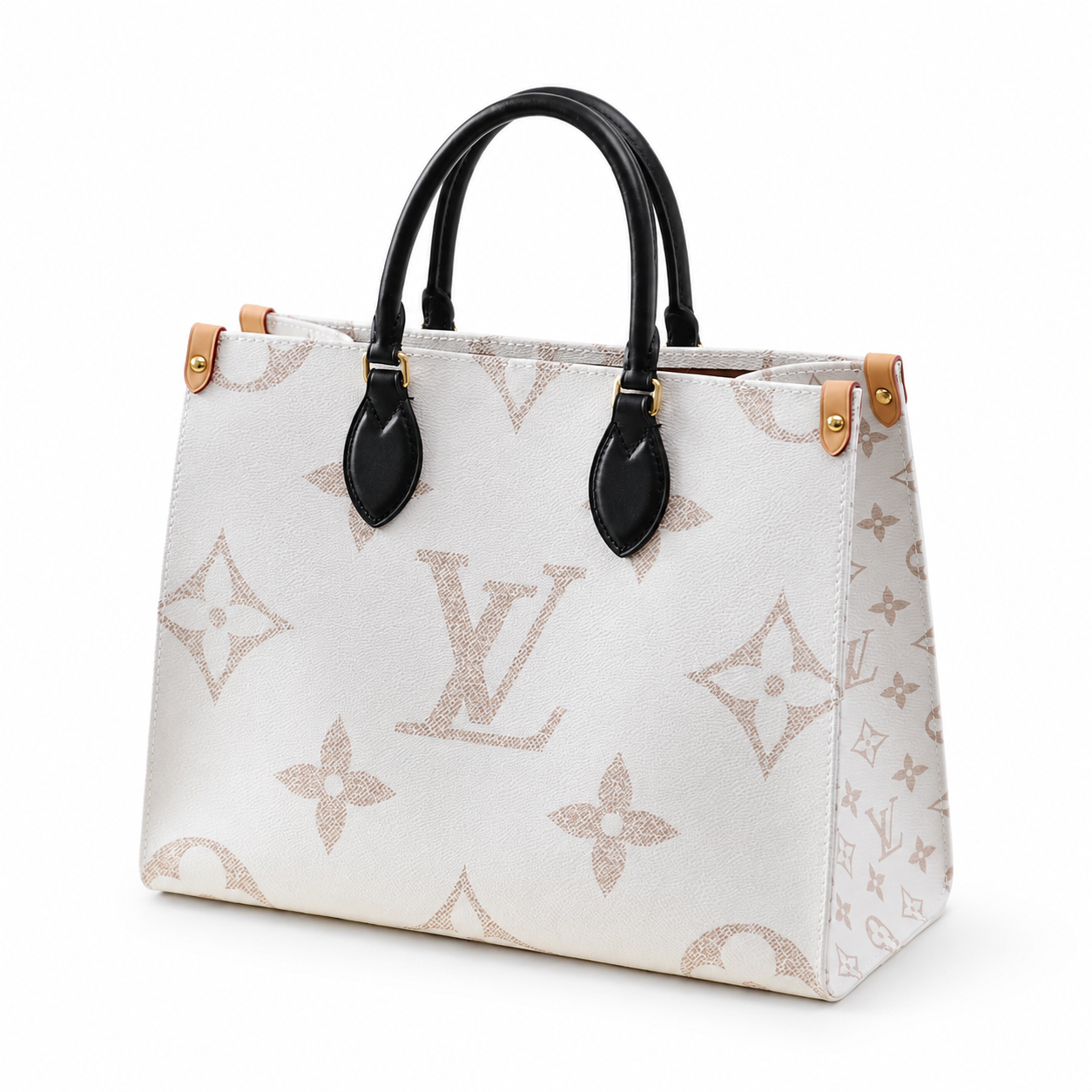 Elegant luxury women’s monogram tote bag with black handles and premium textured finish on clean white background.