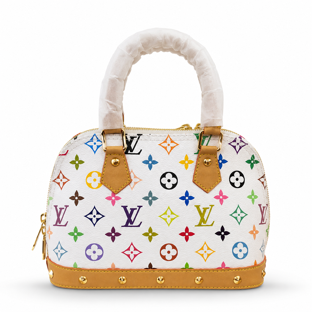 Luxury women's multicolor top handle handbag with premium textured finish and gold-tone hardware on a white background