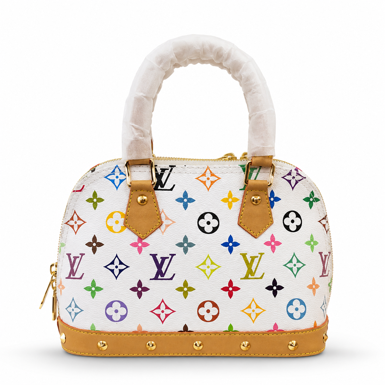 Luxury women's multicolor top handle handbag with premium textured finish and gold-tone hardware on a white background