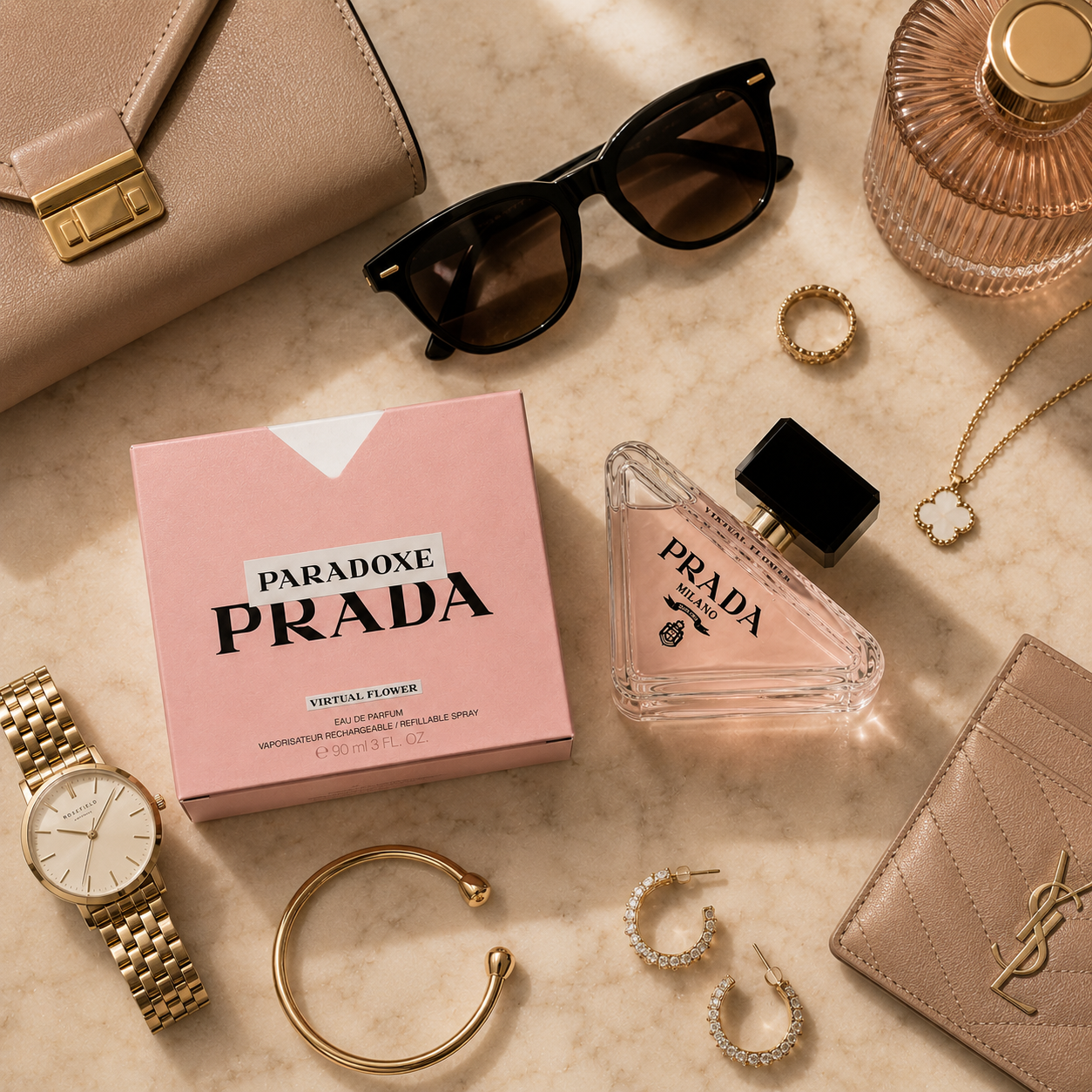 Luxury floral perfume arranged with designer sunglasses, jewelry, watch, and leather accessories in a sophisticated flat lay scene.