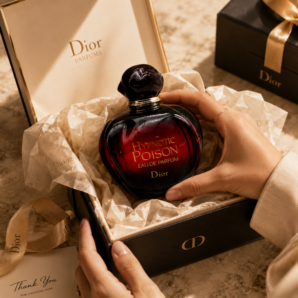 Luxury perfume bottle presented in elegant gift box with premium tissue paper and ribbon, luxury unboxing experience.