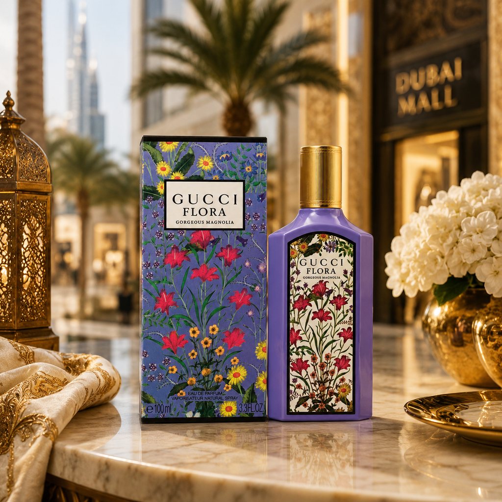 Luxury women's floral perfume displayed in premium Dubai inspired lifestyle setting