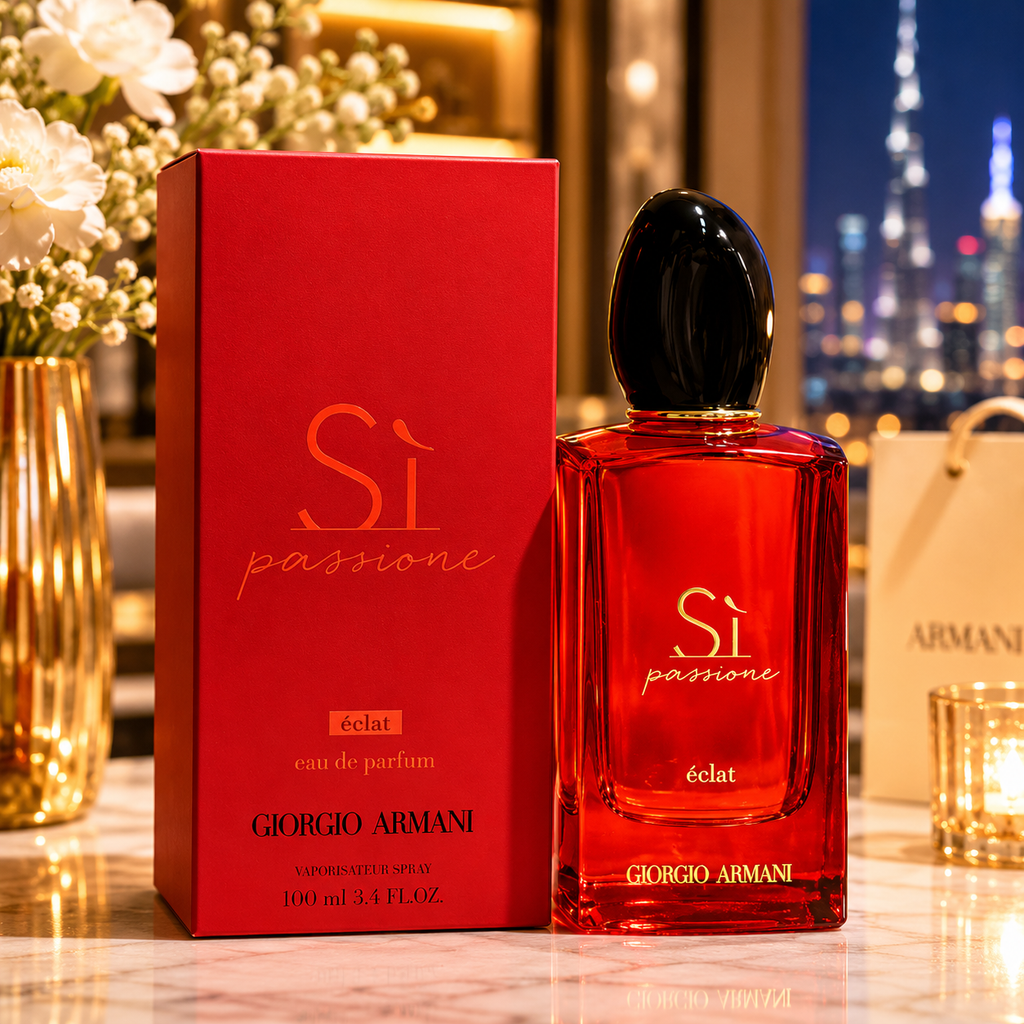 Luxury women's perfume displayed in an elegant Dubai-inspired luxury lifestyle setting with premium fashion aesthetic.