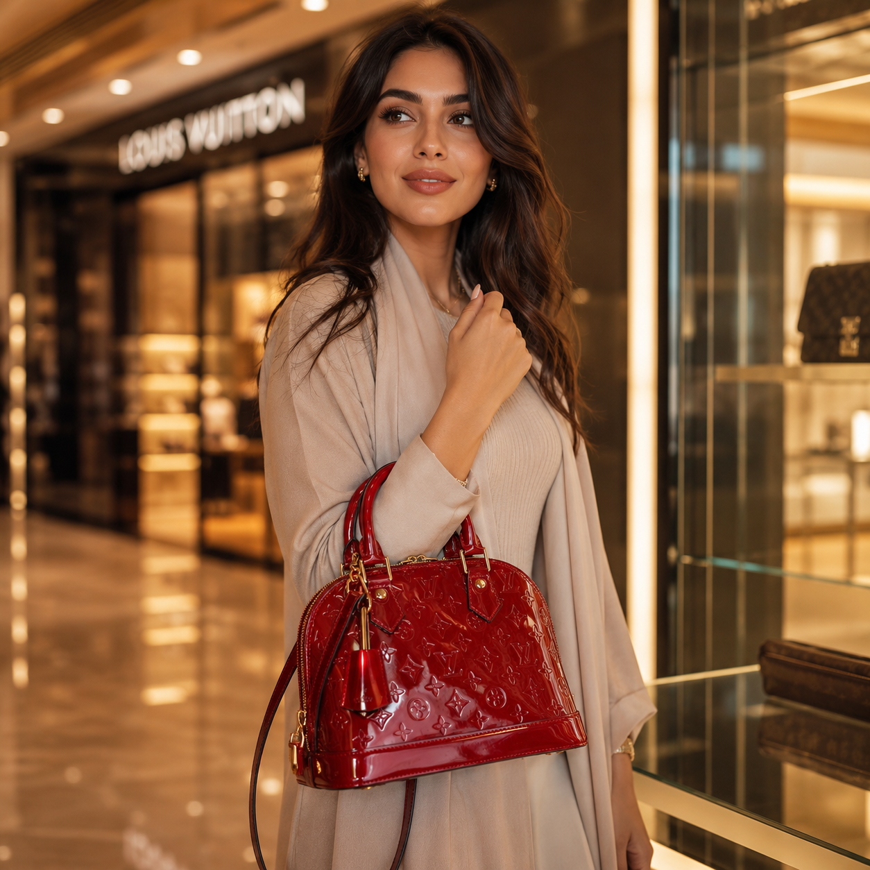 Elegant woman carrying luxury red patent leather handbag inside upscale fashion boutique in UAE style.