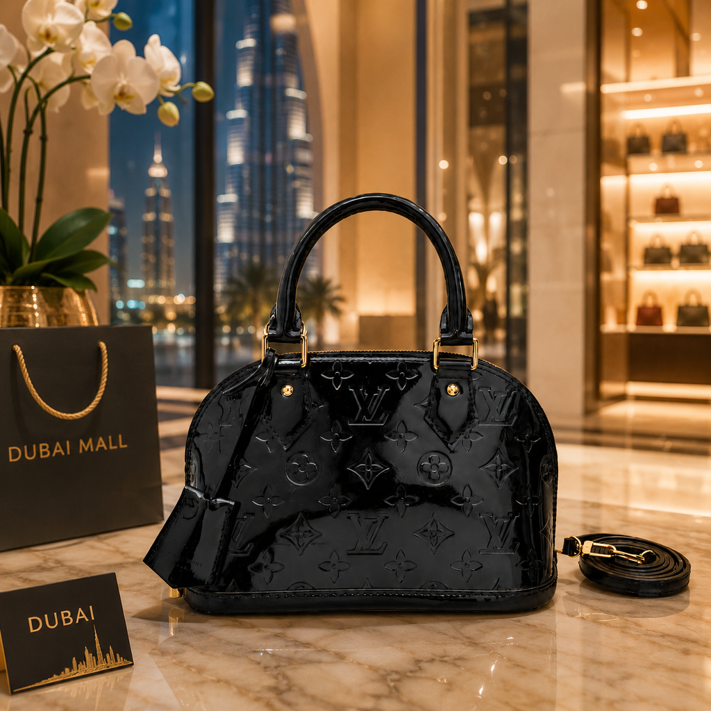 Glossy black luxury women’s shoulder bag with detachable strap and elegant gold hardware isolated on white background.