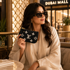 Luxury women's monogram wristlet pouch styled on marble with elegant fashion accessories in a premium editorial setting.