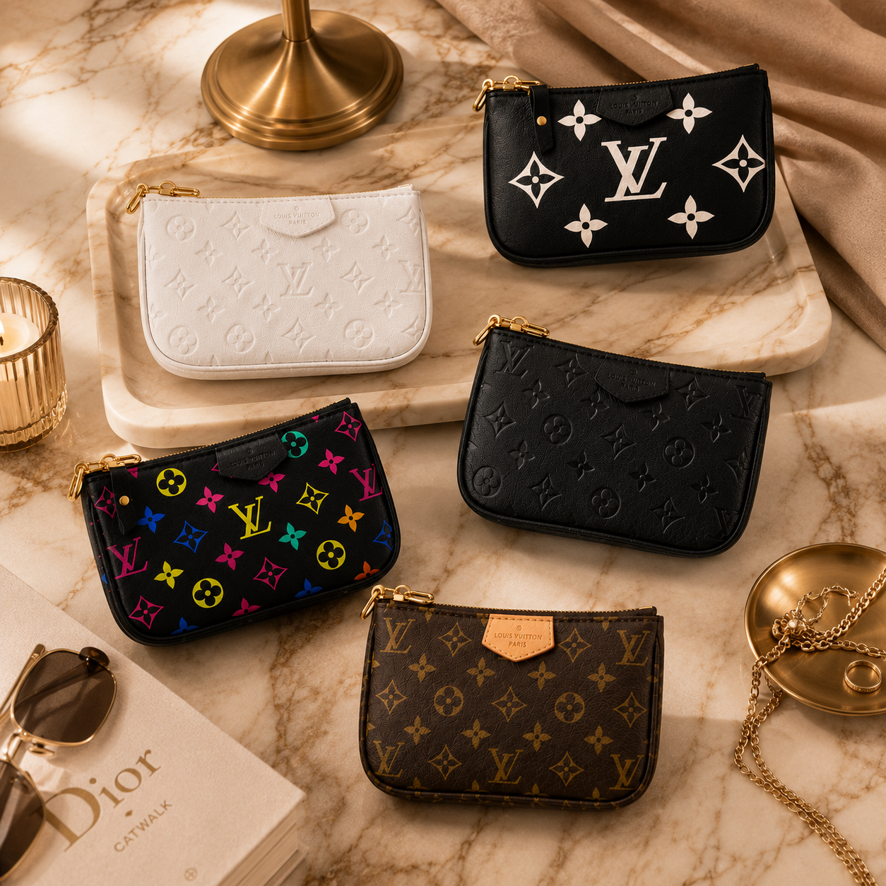 Elegant woman carrying a luxury monogram wristlet pouch in a modern Dubai luxury lifestyle setting.