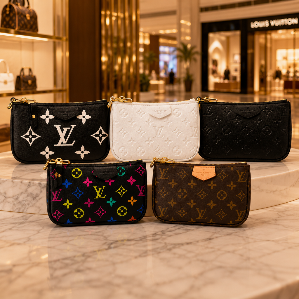 Luxury women's monogram wristlet pouch displayed inside a premium Dubai designer boutique with elegant lighting.