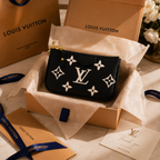 Luxury women's monogram wristlet pouch presented in elegant gift packaging with premium tissue paper and ribbon for a luxury unboxing experience.