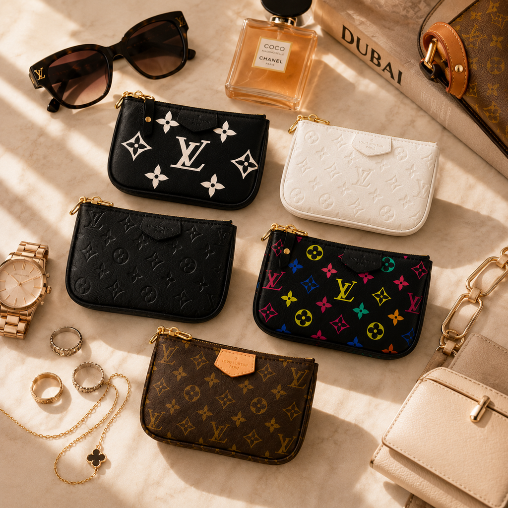 Luxury women's monogram wristlet pouch styled with sunglasses, perfume, jewelry, watch, and leather accessories.