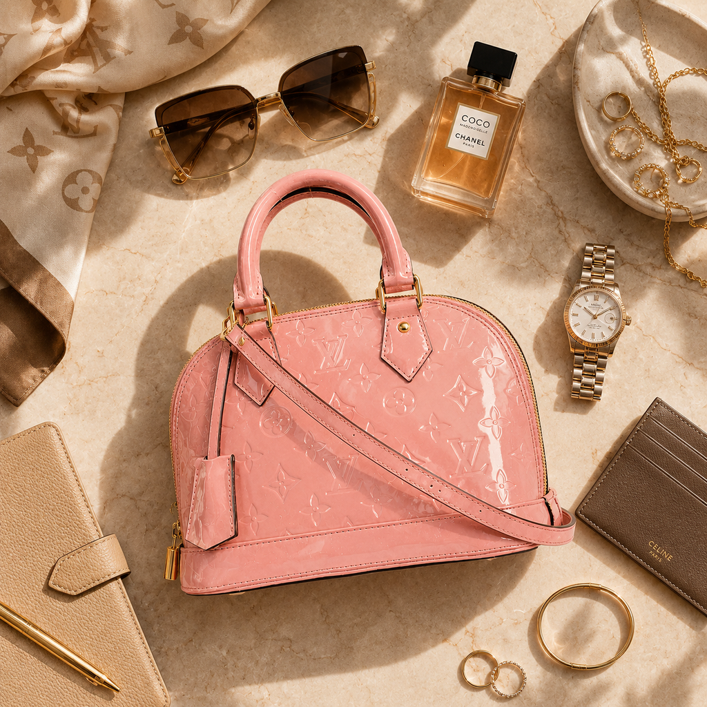 Luxury pink handbag flatlay styled with sunglasses, perfume, jewelry, watch, and leather accessories on marble background.