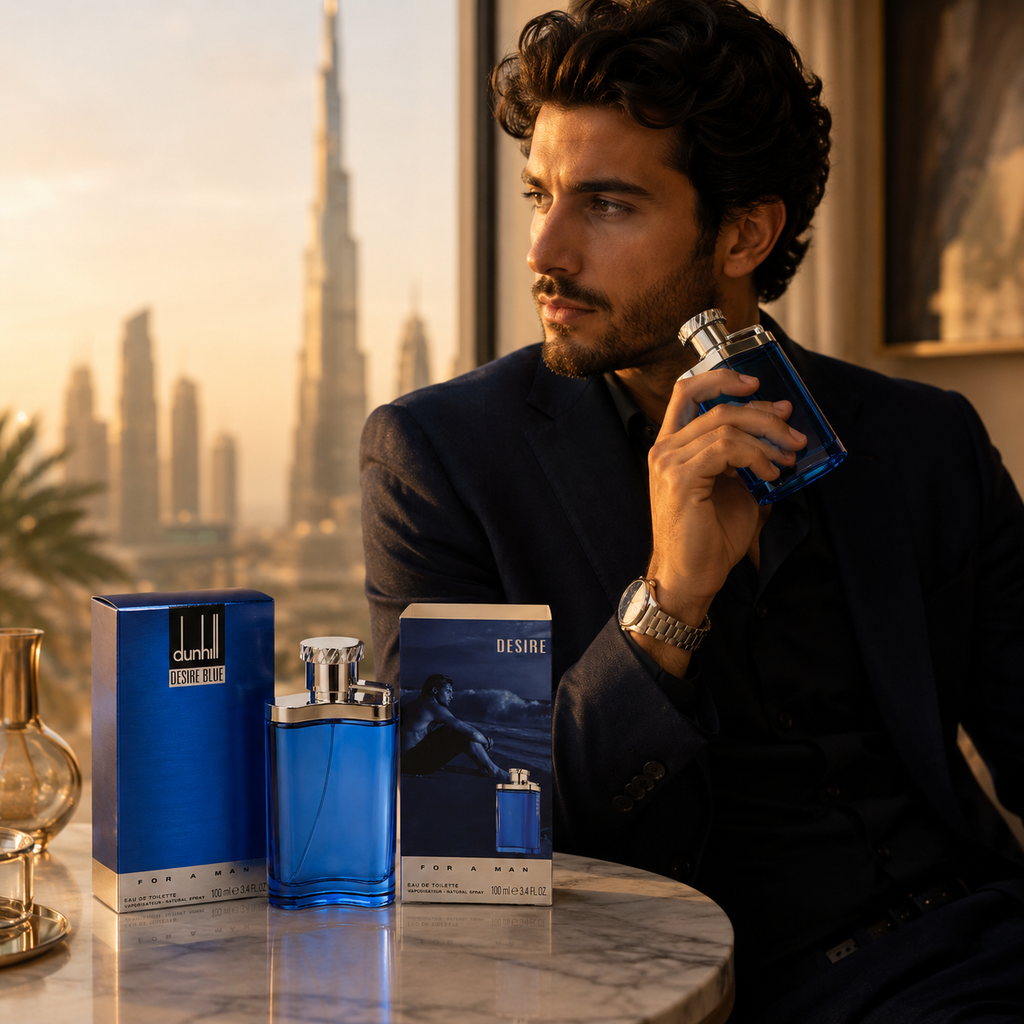 Modern gentleman using luxury blue eau de toilette fragrance in an elegant fashion-inspired lifestyle environment.