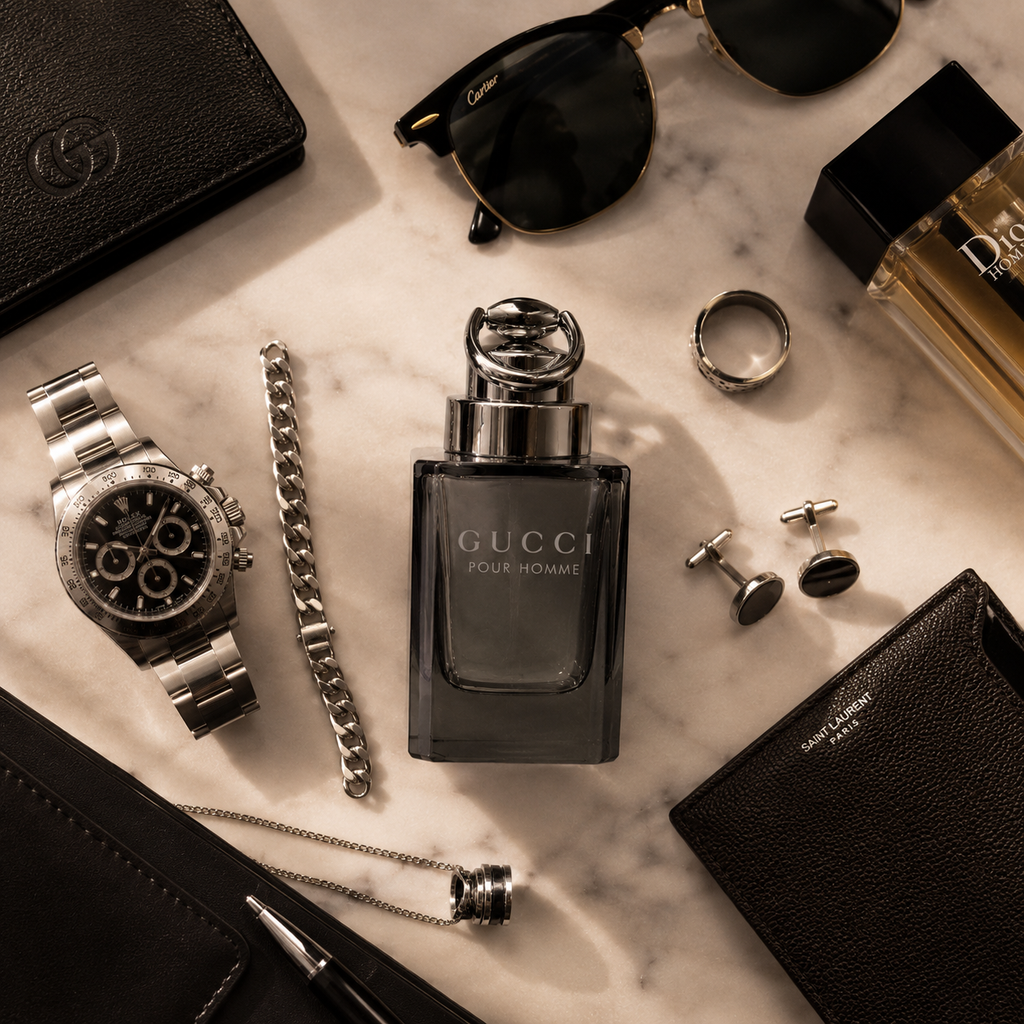 Premium men's perfume arranged with luxury accessories including sunglasses, watch, jewelry, and leather goods in a modern Dubai-inspired flat lay.