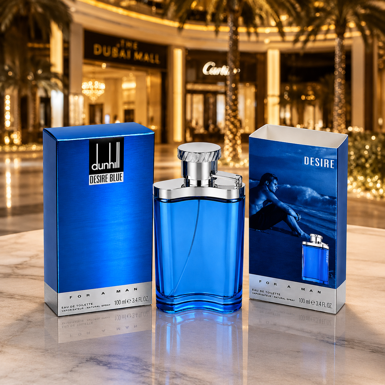 Premium men's blue fragrance displayed in a luxury Dubai-inspired lifestyle setting with elegant lighting and sophisticated styling.