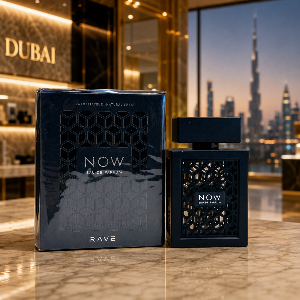 Premium NOW Eau de Parfum perfume bottle showcasing elegant geometric design and luxury packaging.