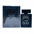 NOW Eau de Parfum by RAVE luxury men's fragrance bottle with premium packaging on white background.