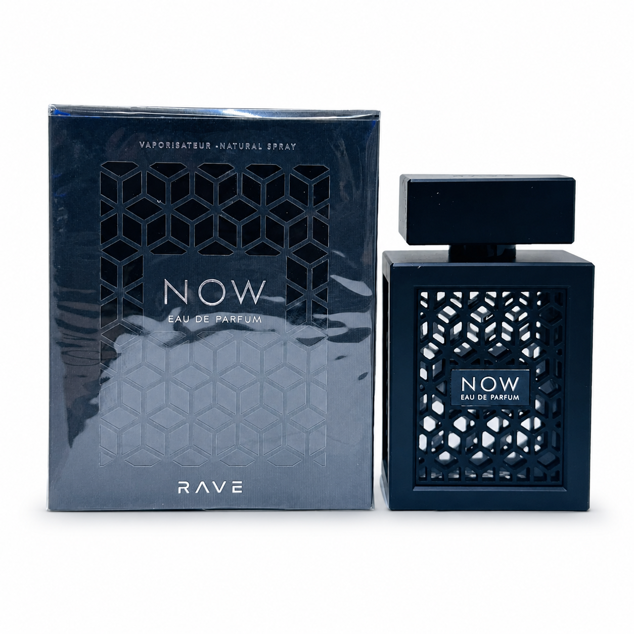 NOW Eau de Parfum by RAVE luxury men's fragrance bottle with premium packaging on white background.