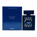 NOW Intense Eau De Parfum for Men by RAVE featuring luxury blue perfume bottle and premium retail packaging on white background