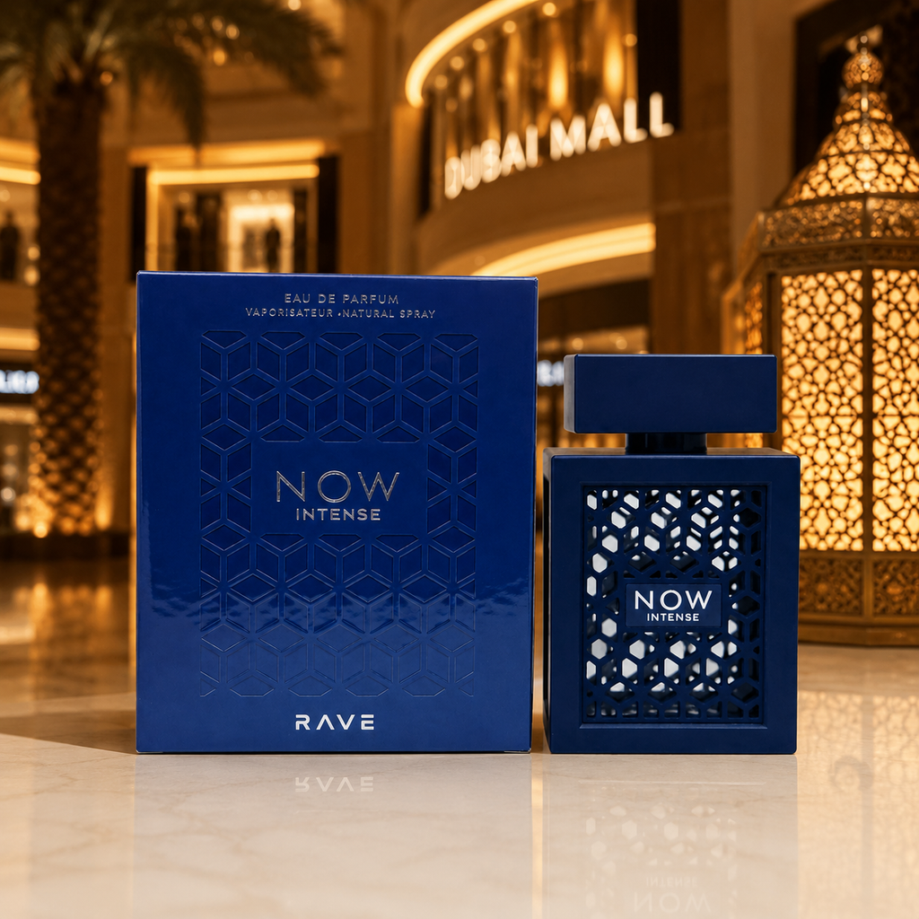 NOW Intense luxury men's perfume displayed in elegant Dubai-inspired luxury shopping environment with premium lighting