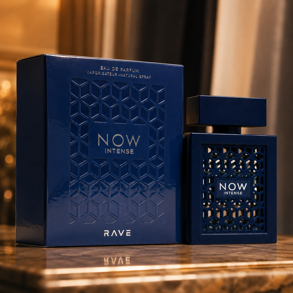 Close-up view of NOW Intense perfume bottle highlighting premium craftsmanship, geometric design and luxury finishing