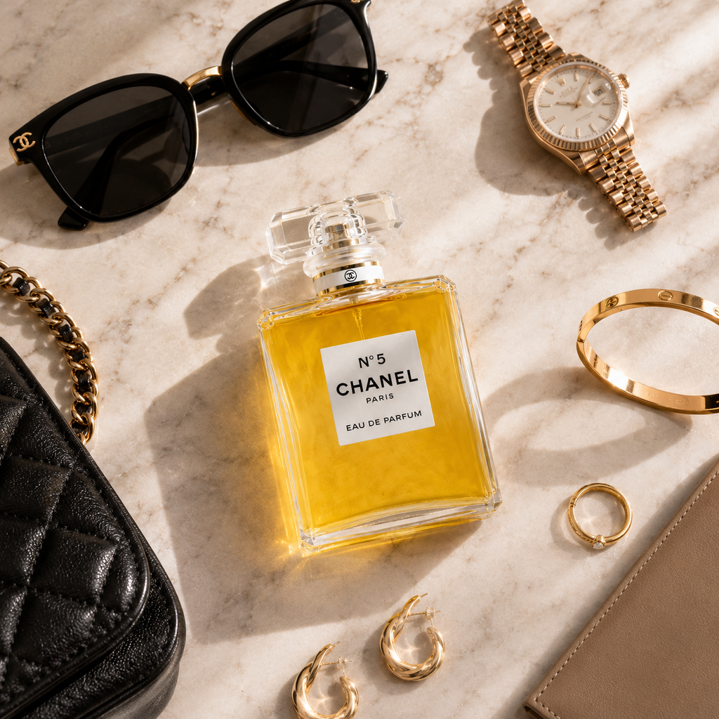 Premium women's perfume styled with sunglasses, jewelry, watch, and luxury accessories in a flat lay composition.