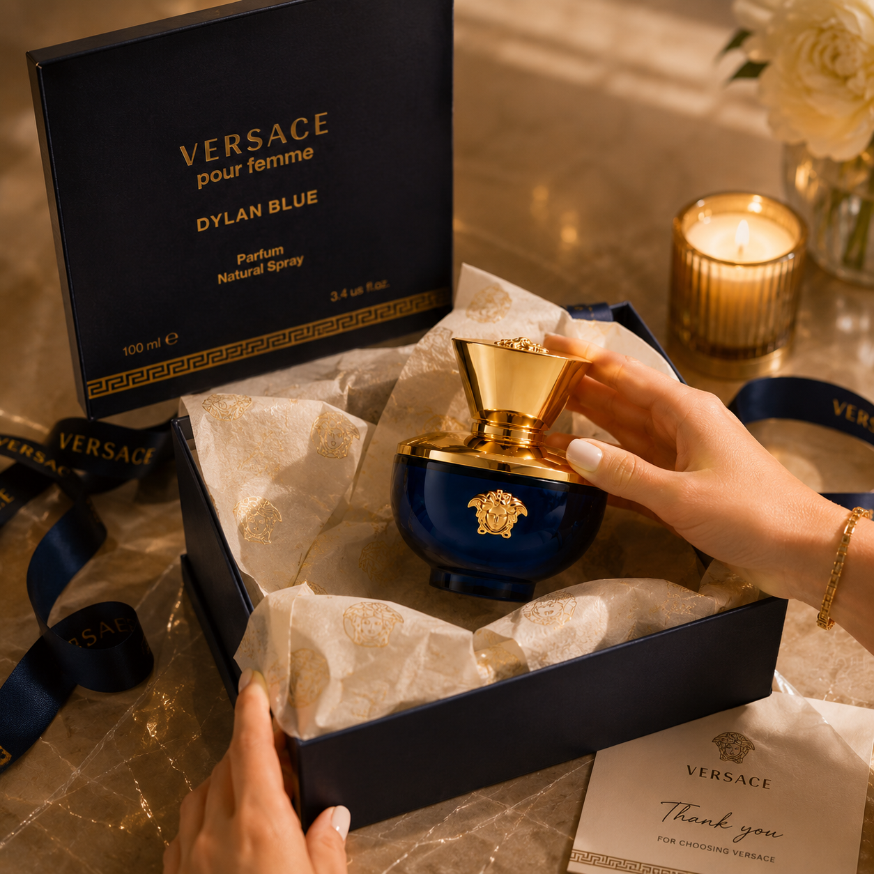 Luxury perfume unboxing with premium gift packaging, ribbon and tissue paper