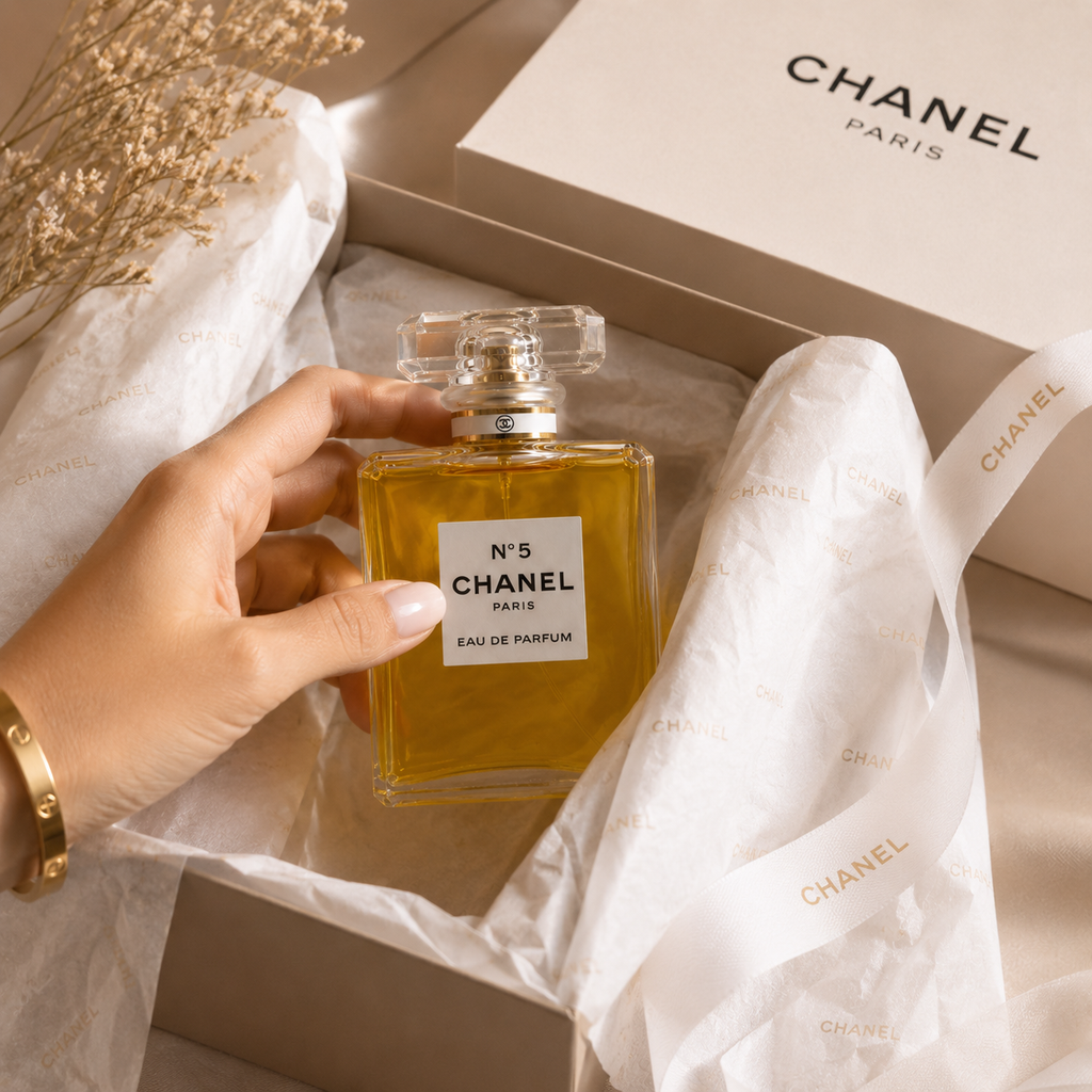 Women's luxury perfume presented in premium packaging with tissue paper and elegant ribbon for a luxury unboxing experience.