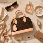 Luxury brown monogram handbag with beige leather handles and refined gold accents