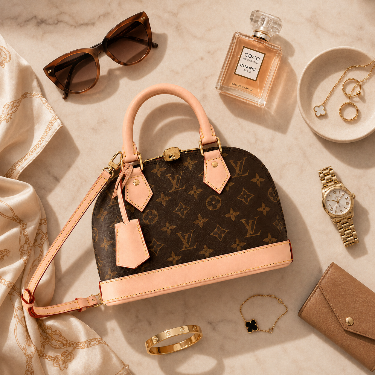 Luxury brown monogram handbag with beige leather handles and refined gold accents