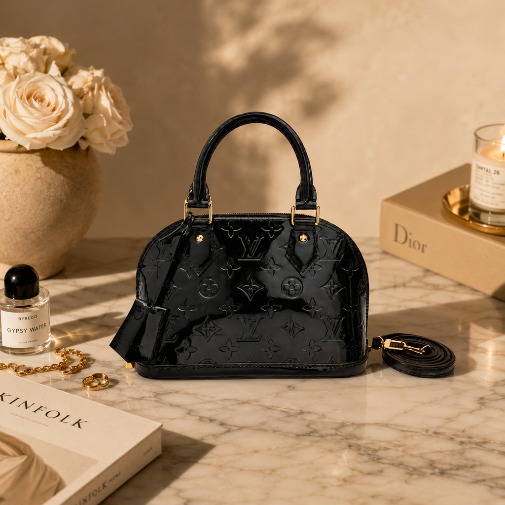 Stylish luxury black leather handbag with embossed monogram texture and structured designer shape.