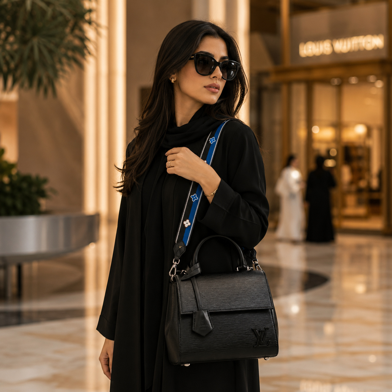 Close-up view of luxury black textured leather handbag showing premium stitching and material details