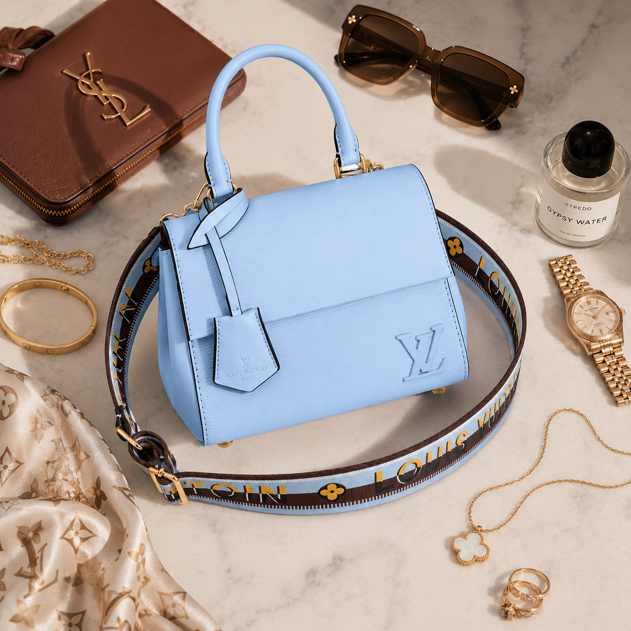 Feminine luxury crossbody handbag in soft blue color perfect for Dubai and UAE fashion styling.