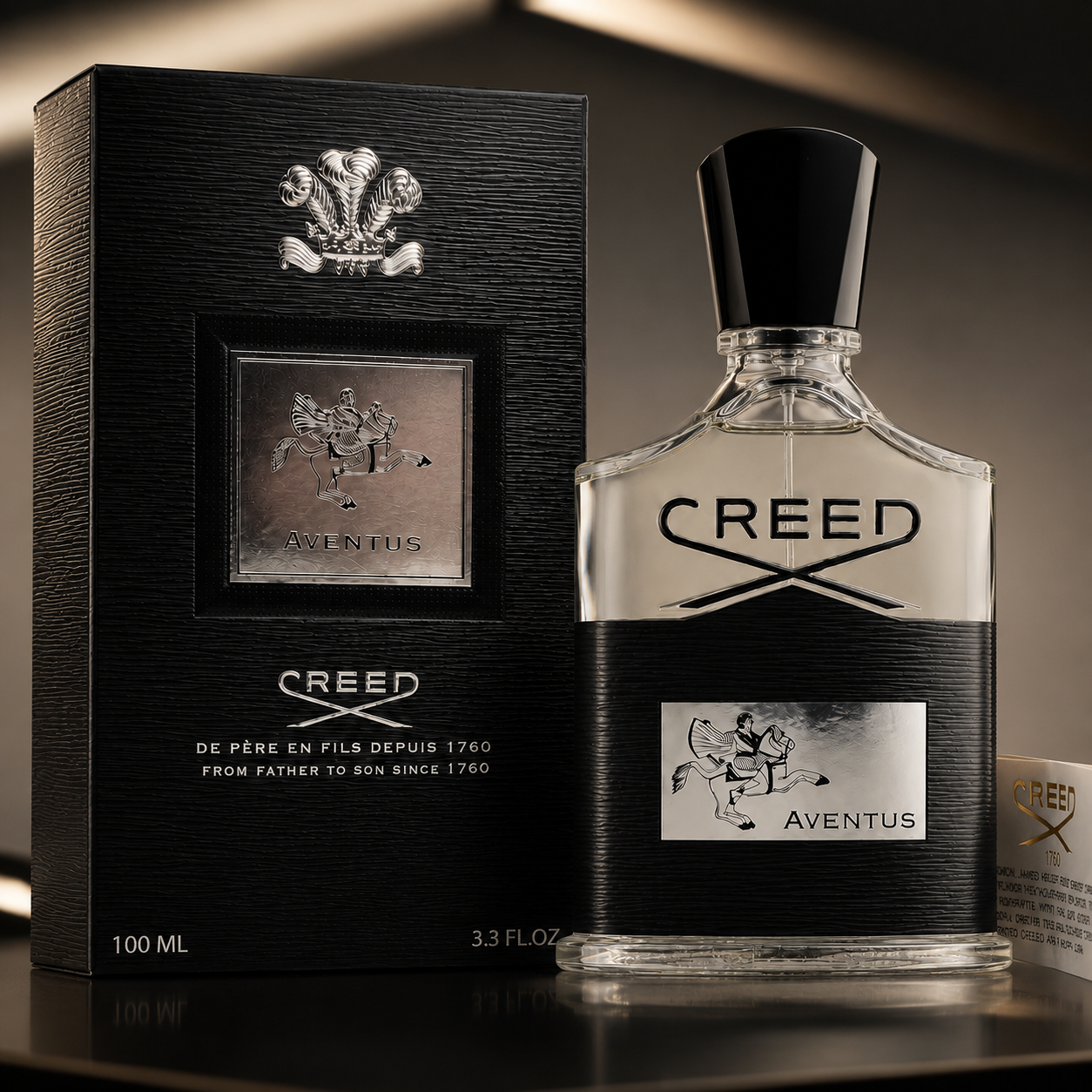 Close-up luxury macro shot of Creed Aventus perfume showing premium texture and elegant finishing.