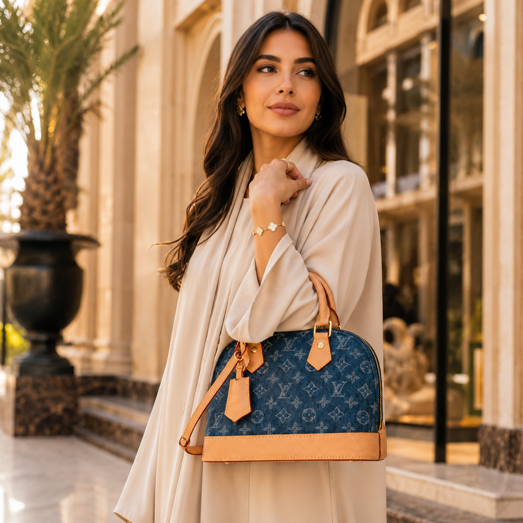 Close-up of luxury denim monogram handbag showing premium stitching, texture, and gold hardware