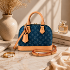 Luxury blue denim handbag presented inside premium gift box with tissue paper and ribbon styling