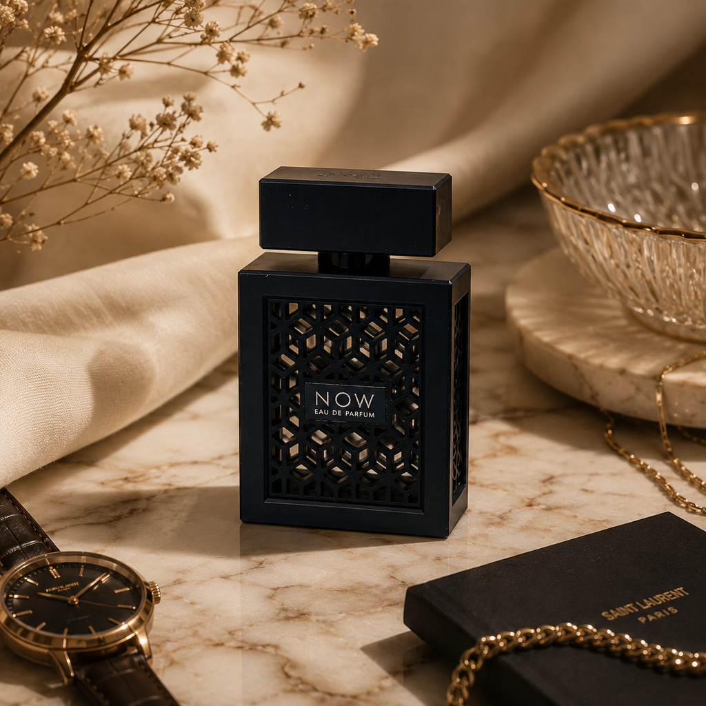 Modern men's fragrance bottle with elegant geometric design and sophisticated luxury appearance.