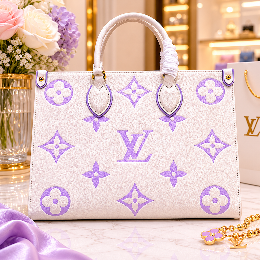 White handbag with purple logo patterns on a blurred background