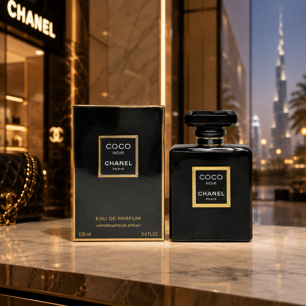 Luxury black perfume displayed in an elegant Dubai-inspired boutique environment with warm golden lighting and premium lifestyle aesthetics.