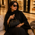 Close-up of black embossed leather handbag showing premium texture stitching and gold hardware
