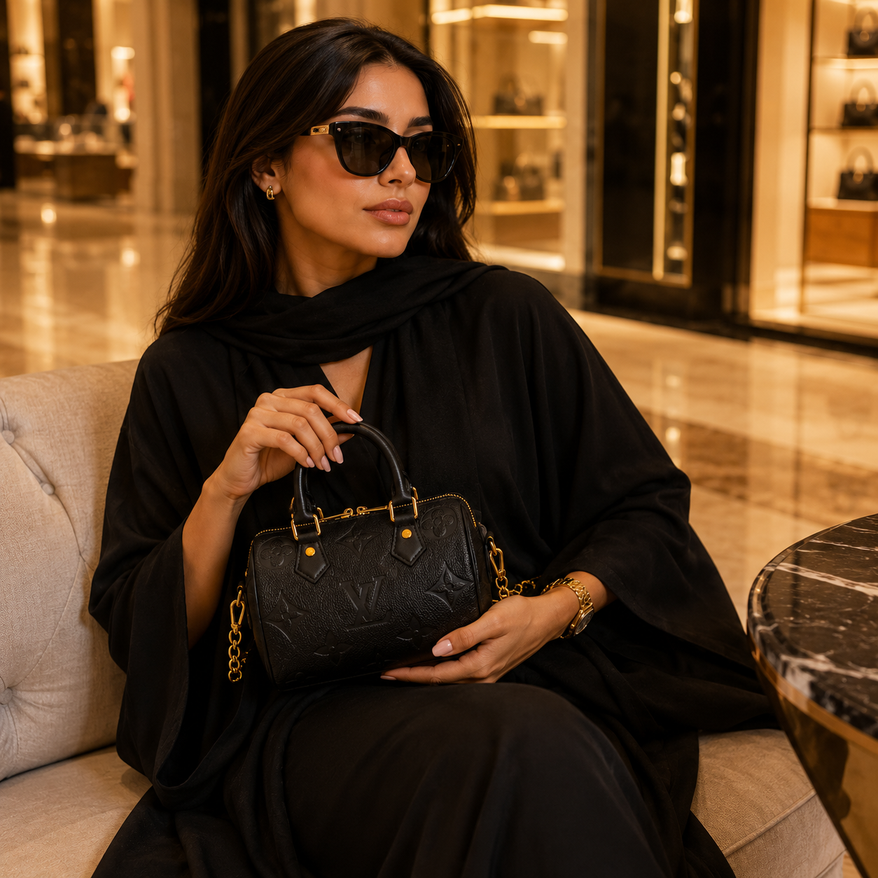 Close-up of black embossed leather handbag showing premium texture stitching and gold hardware