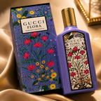 Close up view of luxury floral perfume bottle showing premium design and finishing