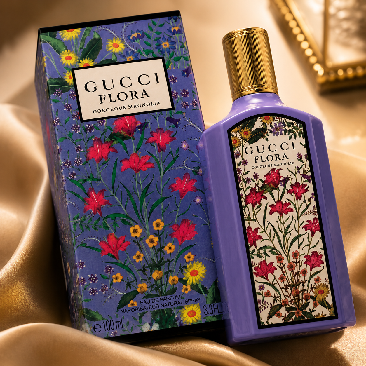 Close up view of luxury floral perfume bottle showing premium design and finishing