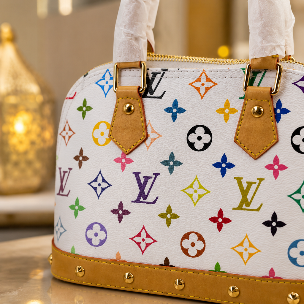 Close-up of luxury women's handbag showing premium textured material, fine stitching, and gold-tone hardware