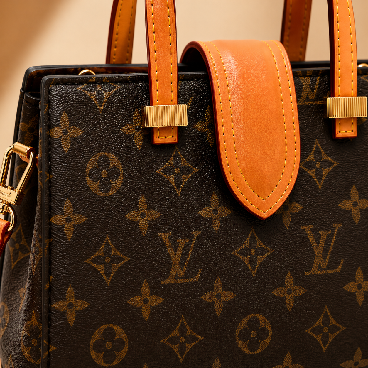 Close-up view of luxury handbag showing premium textured material, detailed stitching, and gold-tone hardware craftsmanship.