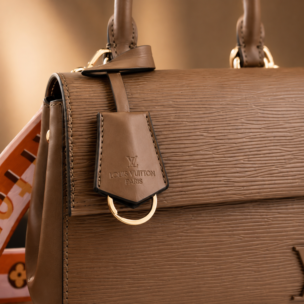 Close-up of luxury textured leather handbag showing premium stitching, gold hardware, and elegant craftsmanship.