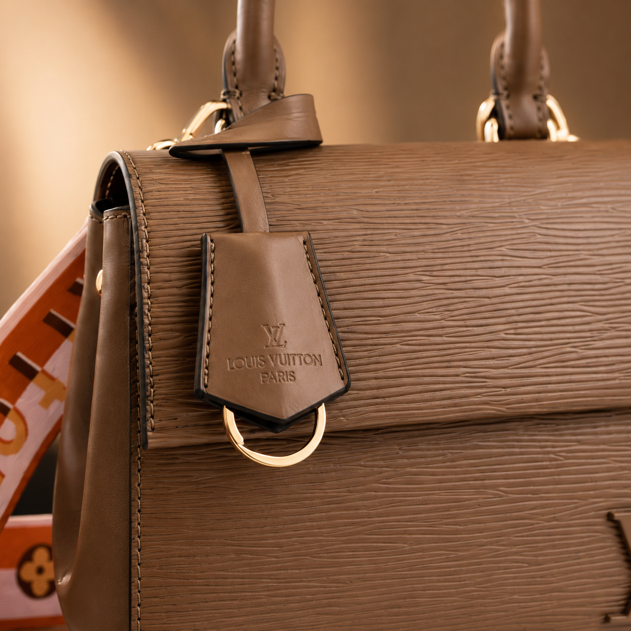 Close-up of luxury textured leather handbag showing premium stitching, gold hardware, and elegant craftsmanship.
