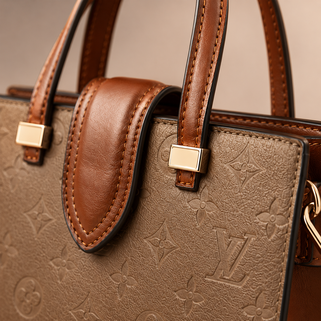 Close-up view of luxury monogram tote bag showing premium texture, fine stitching, and gold-tone hardware